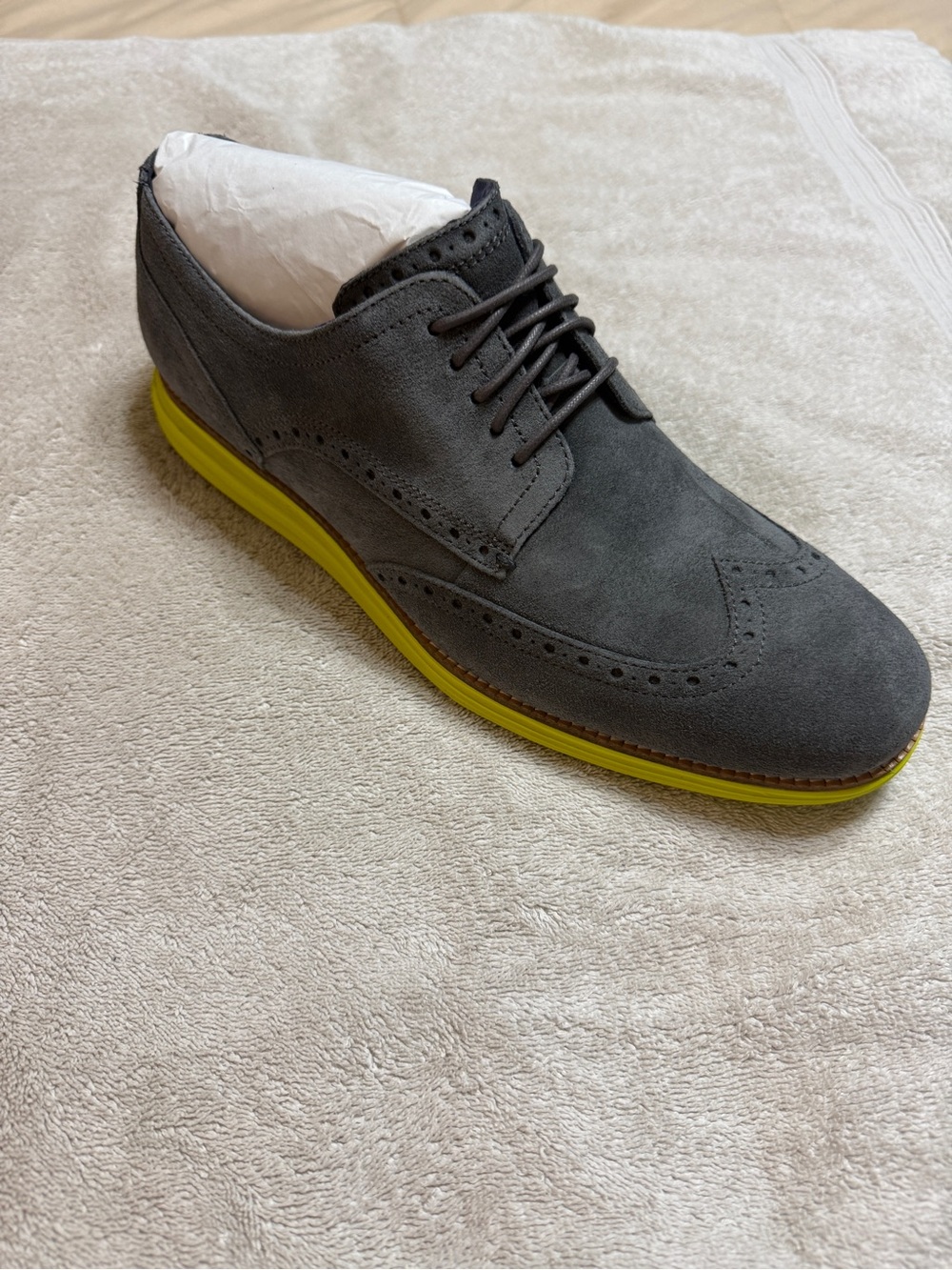 Cole Haan Gray Suede Wingtip Oxford with Yellow Sole